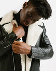 Non-Water Repellent Shearling Trim Leather Jacket | Prometheus