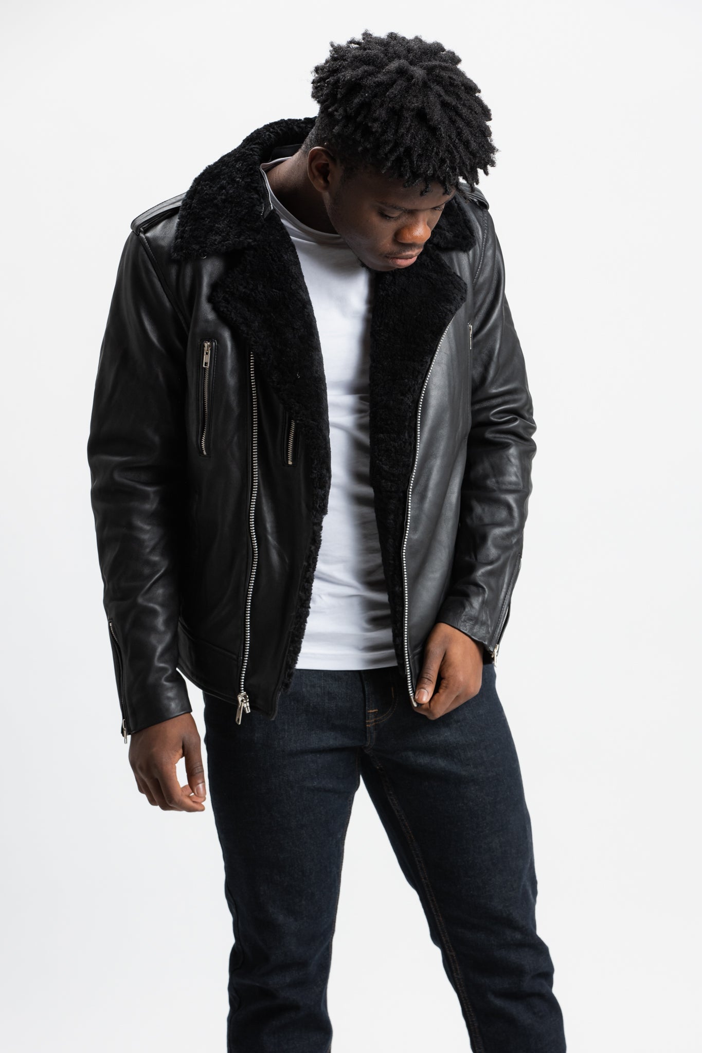 Non-Water Repellent Shearling Trim Leather Jacket | Prometheus