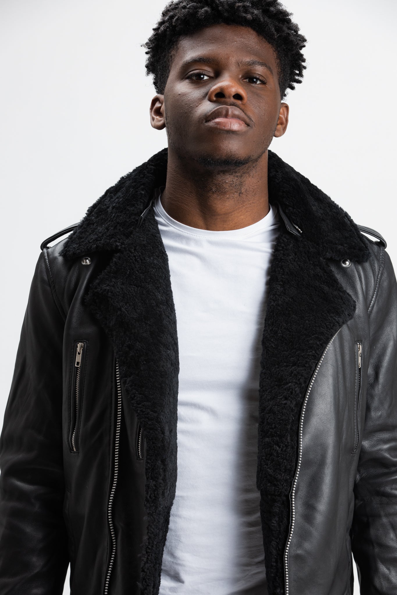 Non-Water Repellent Shearling Trim Leather Jacket | Prometheus