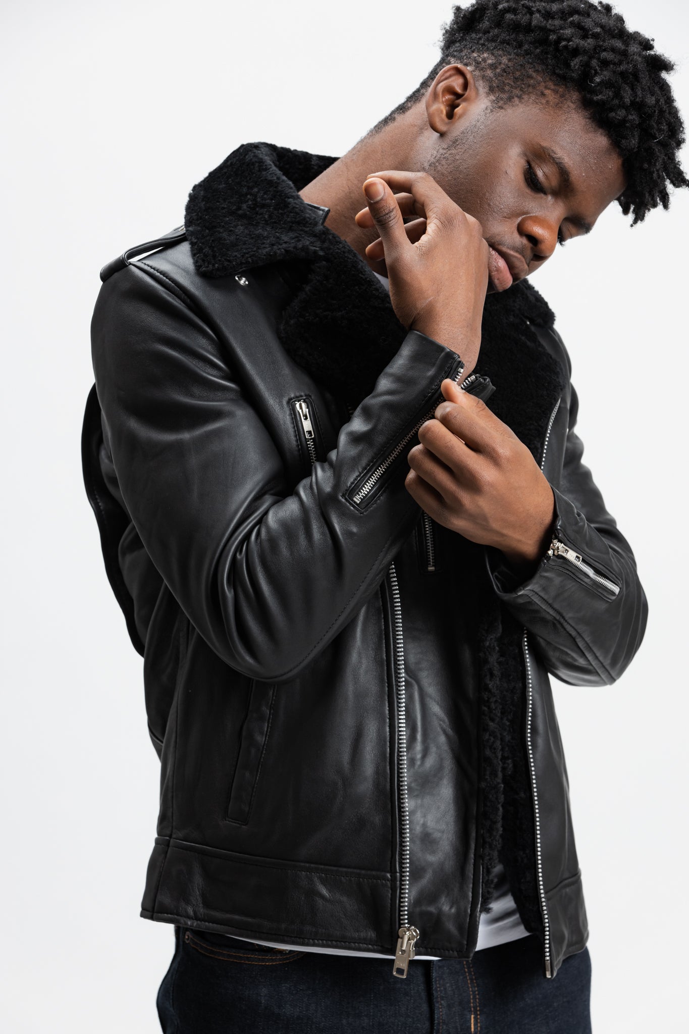 Non-Water Repellent Shearling Trim Leather Jacket | Prometheus