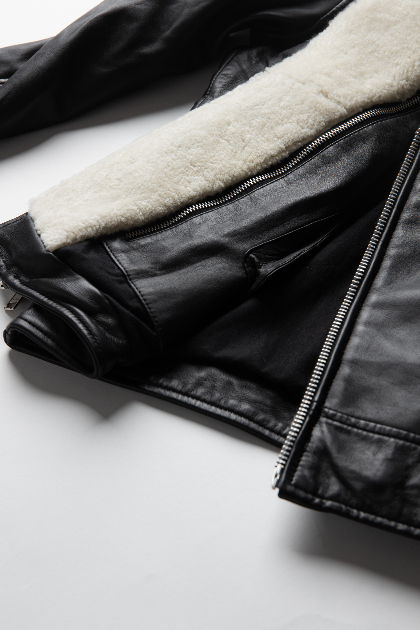 Non-Water Repellent Shearling Trim Leather Jacket | Prometheus