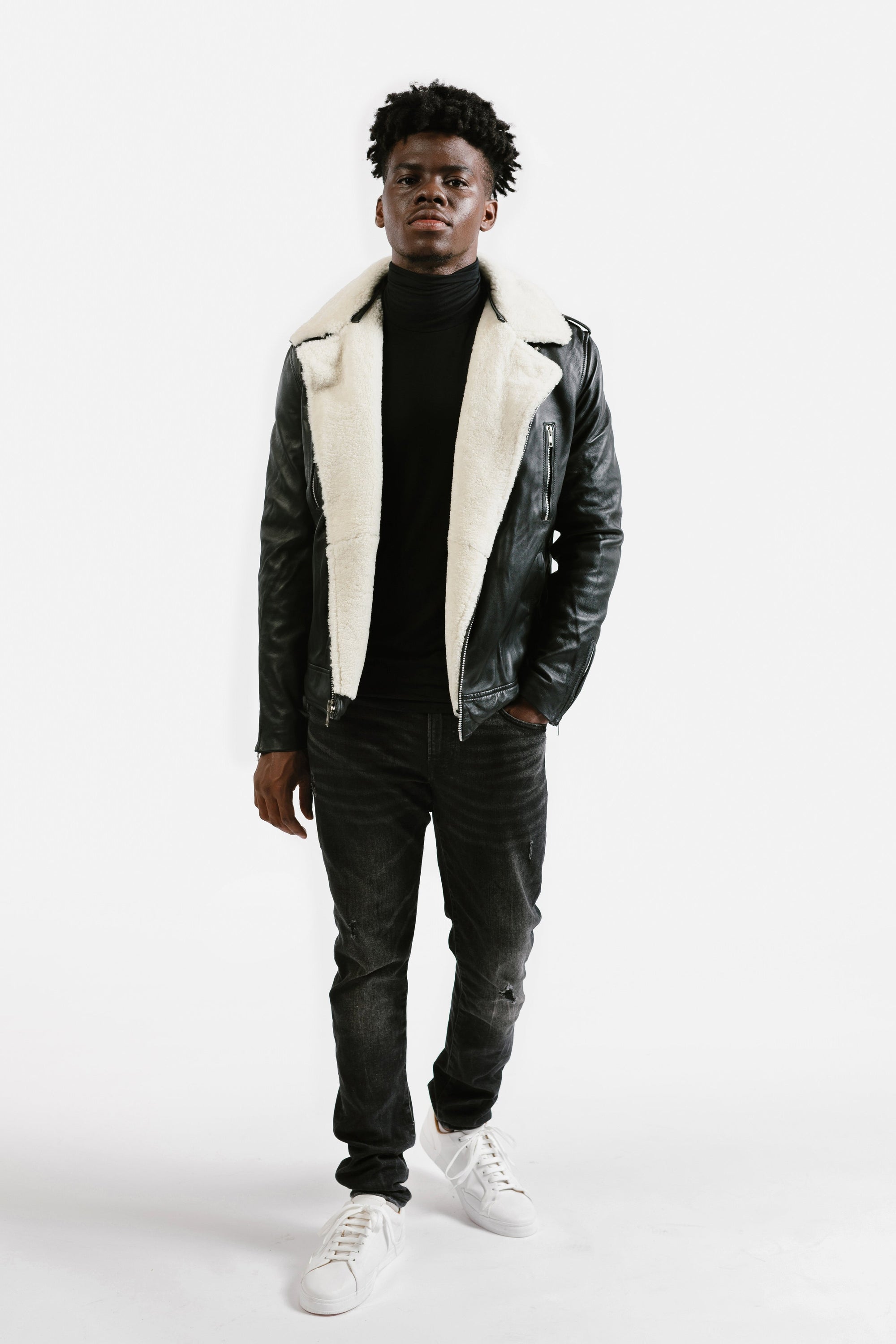 Non-Water Repellent Shearling Trim Leather Jacket | Prometheus