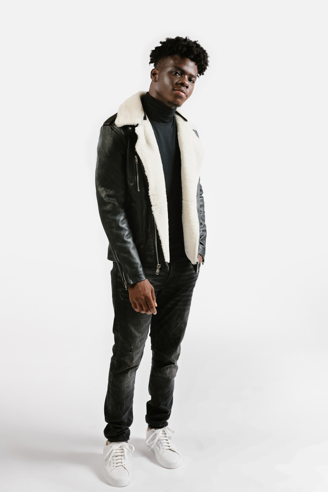 On Hand Shearling Trim Leather Jacket | Prometheus