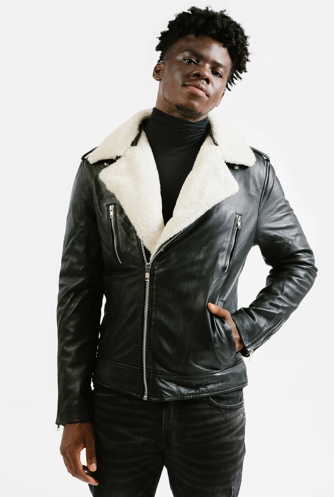 On Hand Shearling Trim Leather Jacket | Prometheus