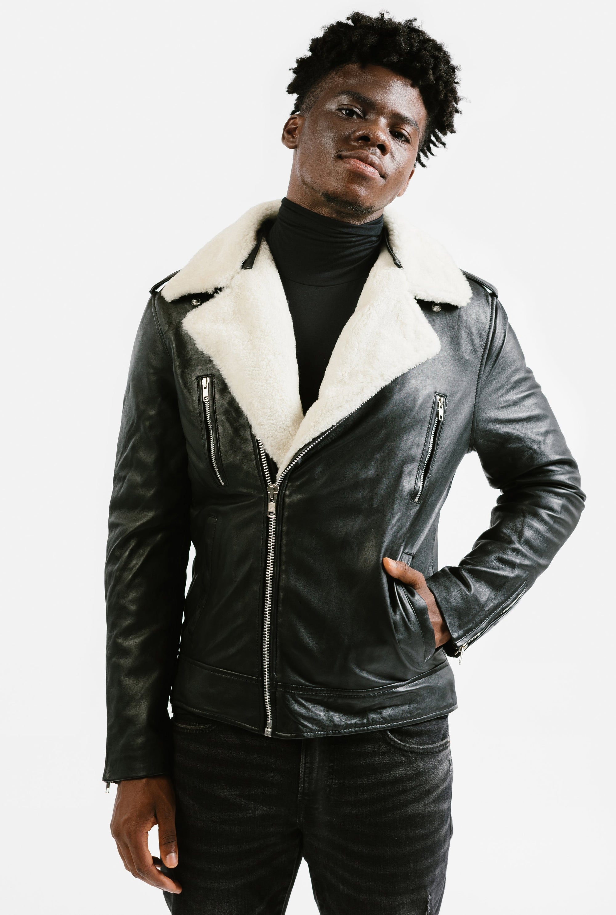 Non-Water Repellent Shearling Trim Leather Jacket | Prometheus