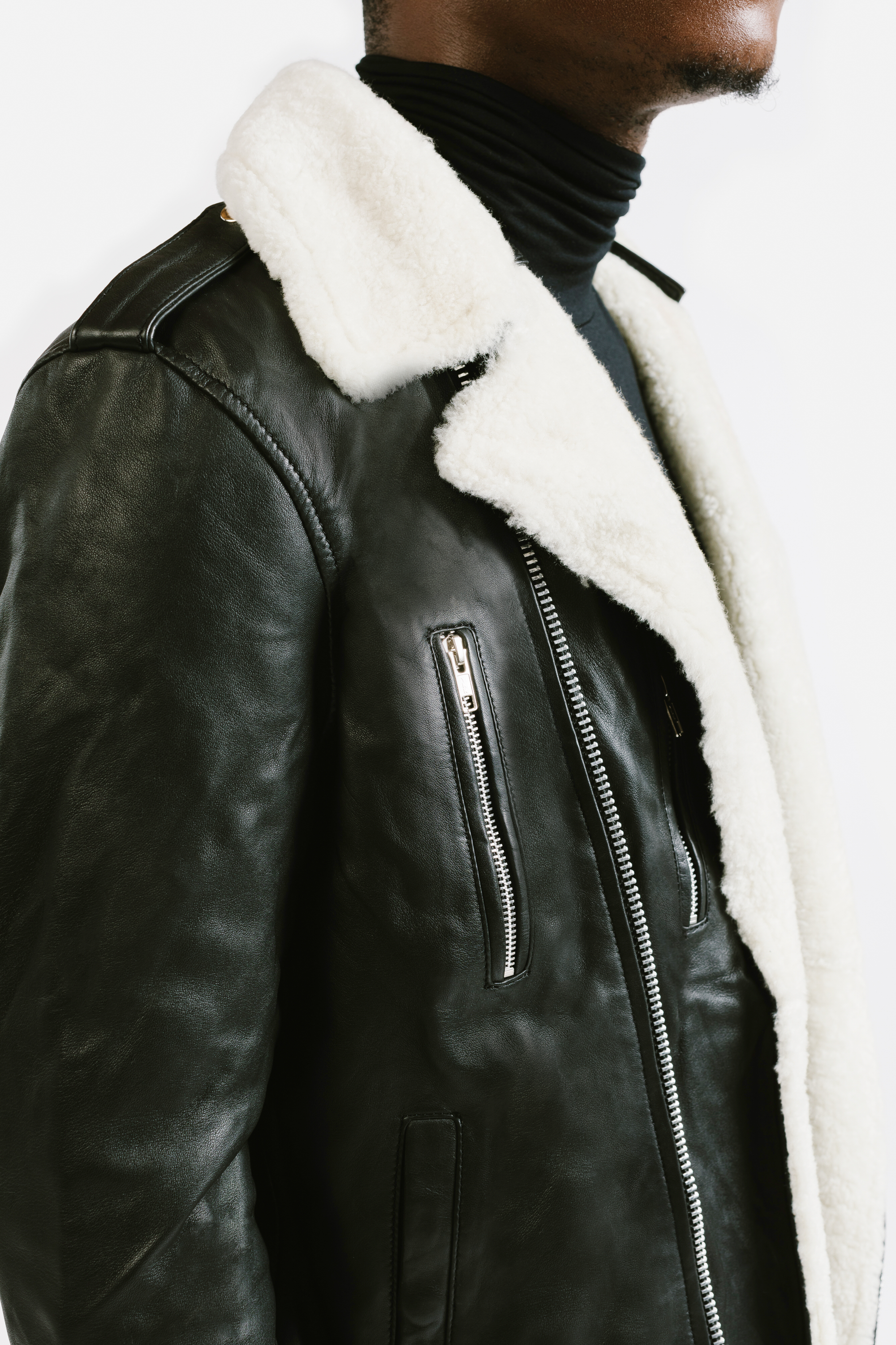 Non-Water Repellent Shearling Trim Leather Jacket | Prometheus