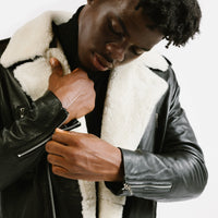 On Hand Shearling Trim Leather Jacket | Prometheus