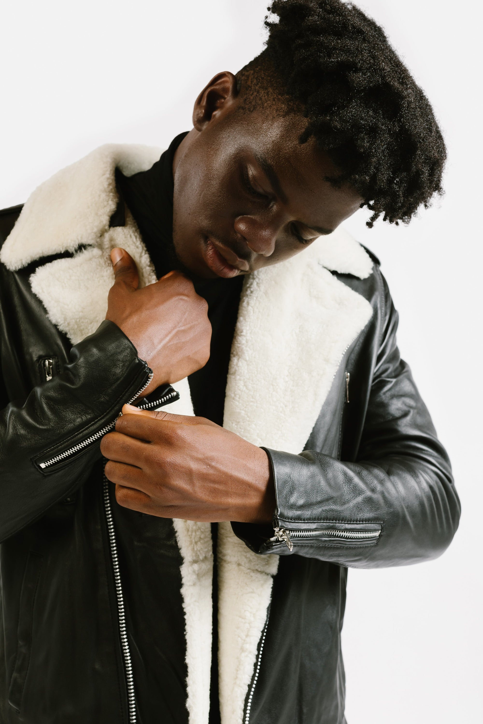 Non-Water Repellent Shearling Trim Leather Jacket | Prometheus