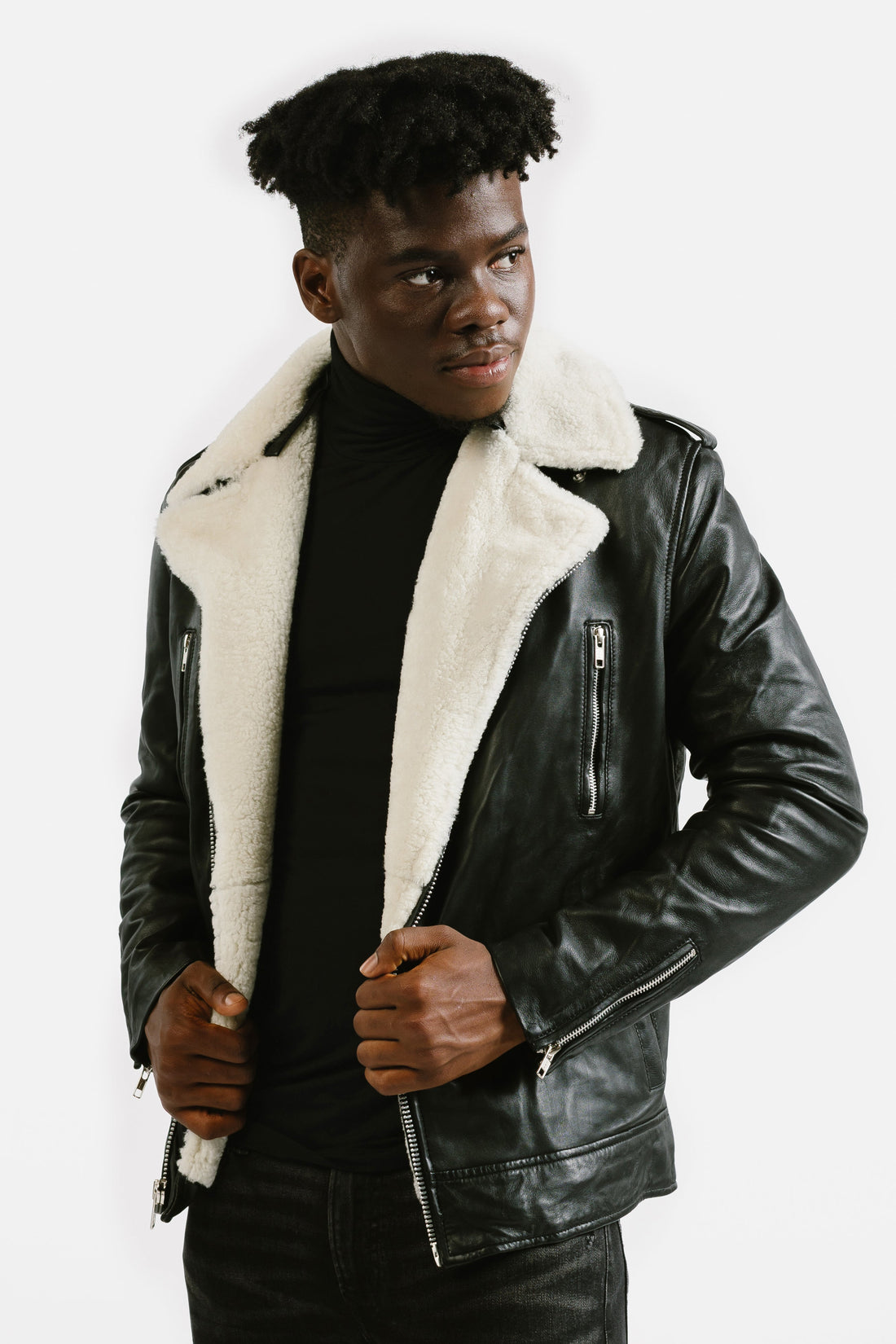 On Hand Shearling Trim Leather Jacket | Prometheus