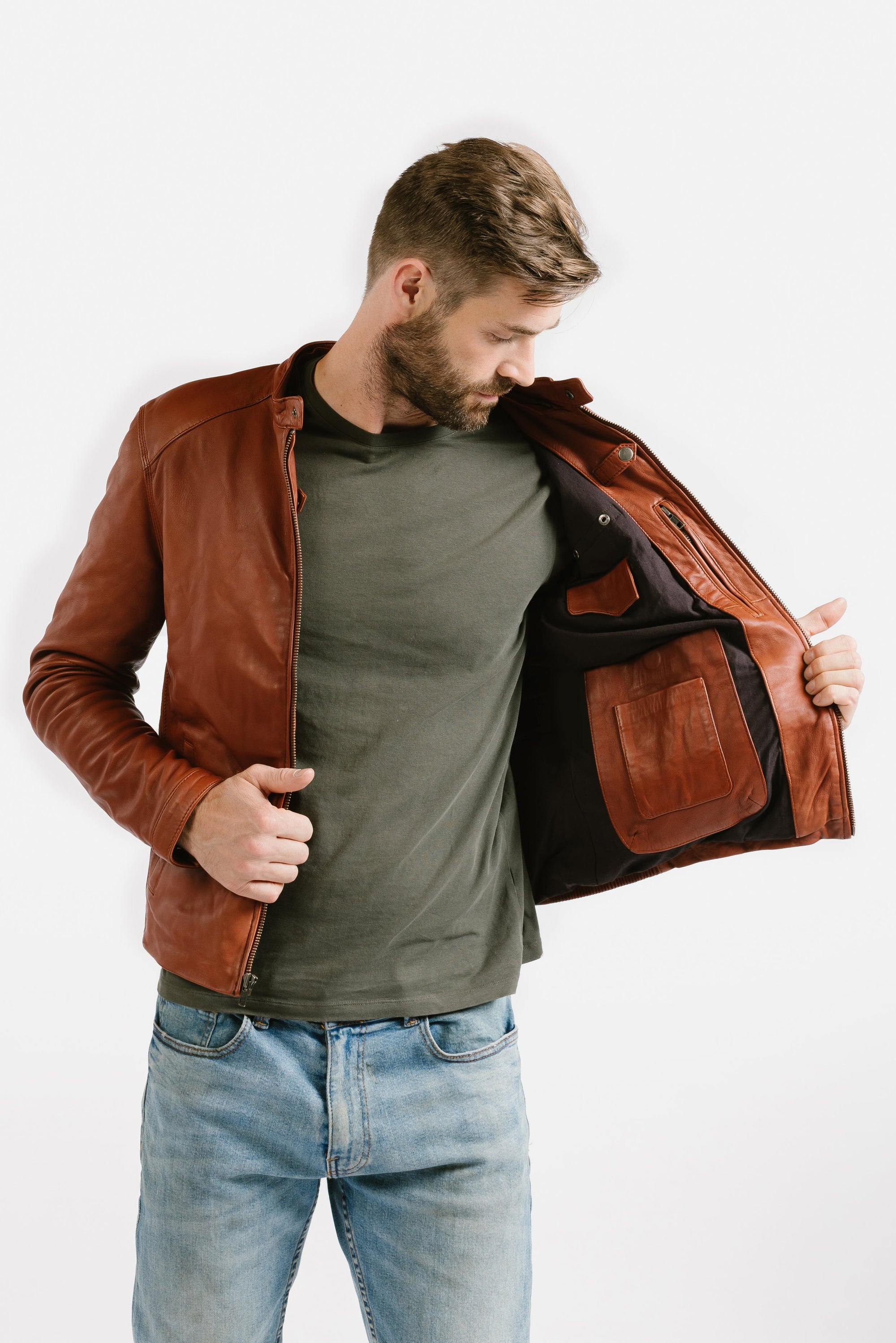 Non Water-Repellent Slim Racer Leather Jacket | Theseus