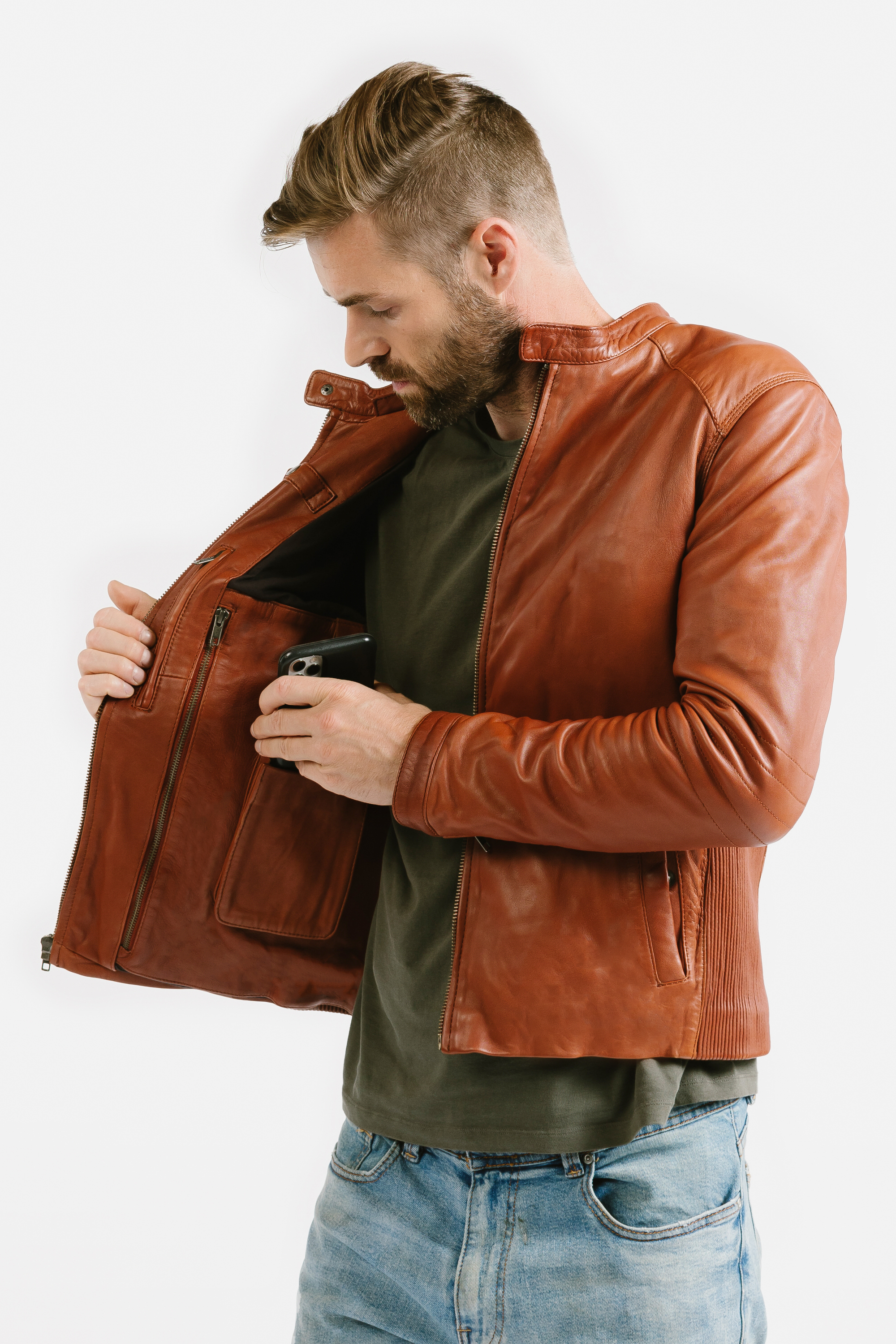 Non Water-Repellent Slim Racer Leather Jacket | Theseus