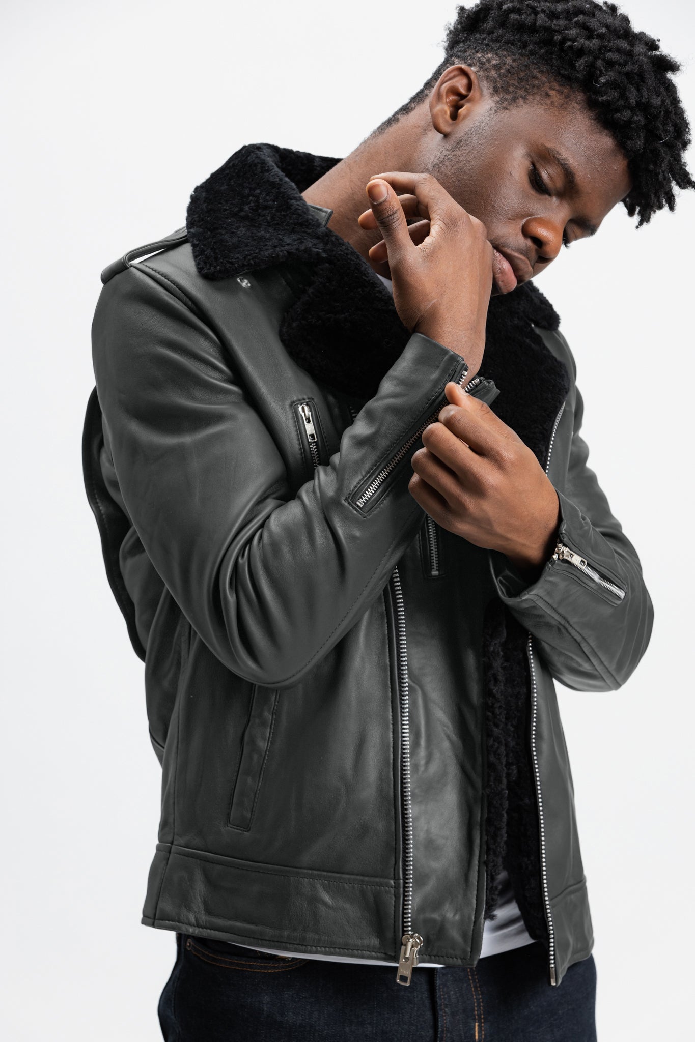Non-Water Repellent Shearling Trim Leather Jacket | Prometheus