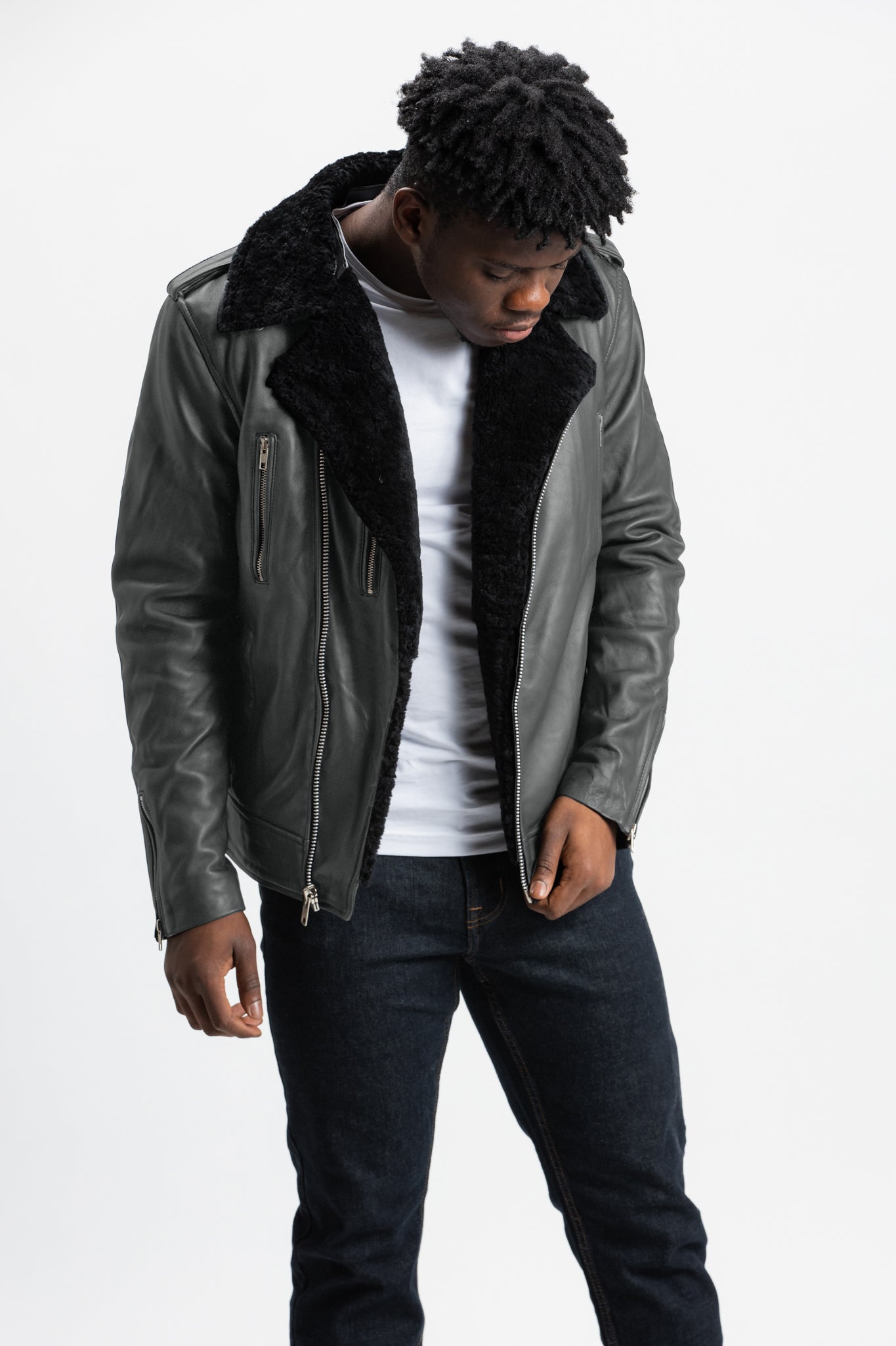 Non-Water Repellent Shearling Trim Leather Jacket | Prometheus