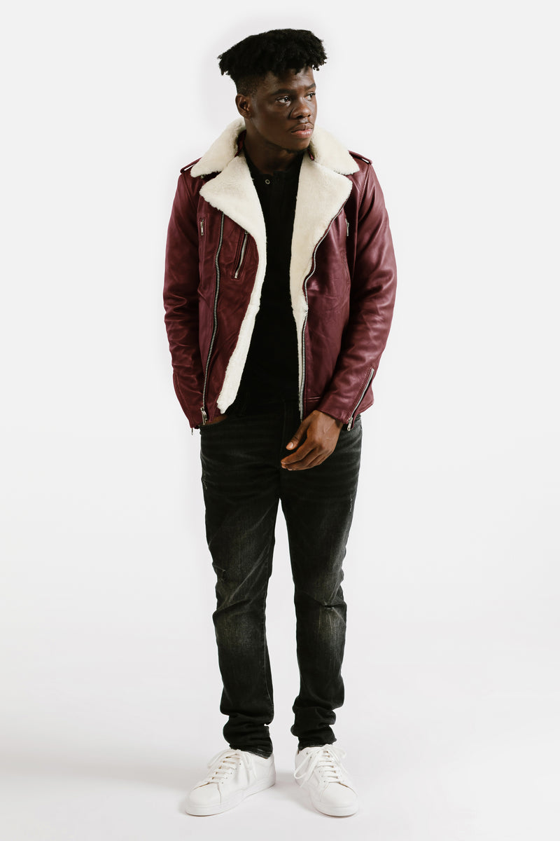 Shearling Trim Leather Jacket | Prometheus