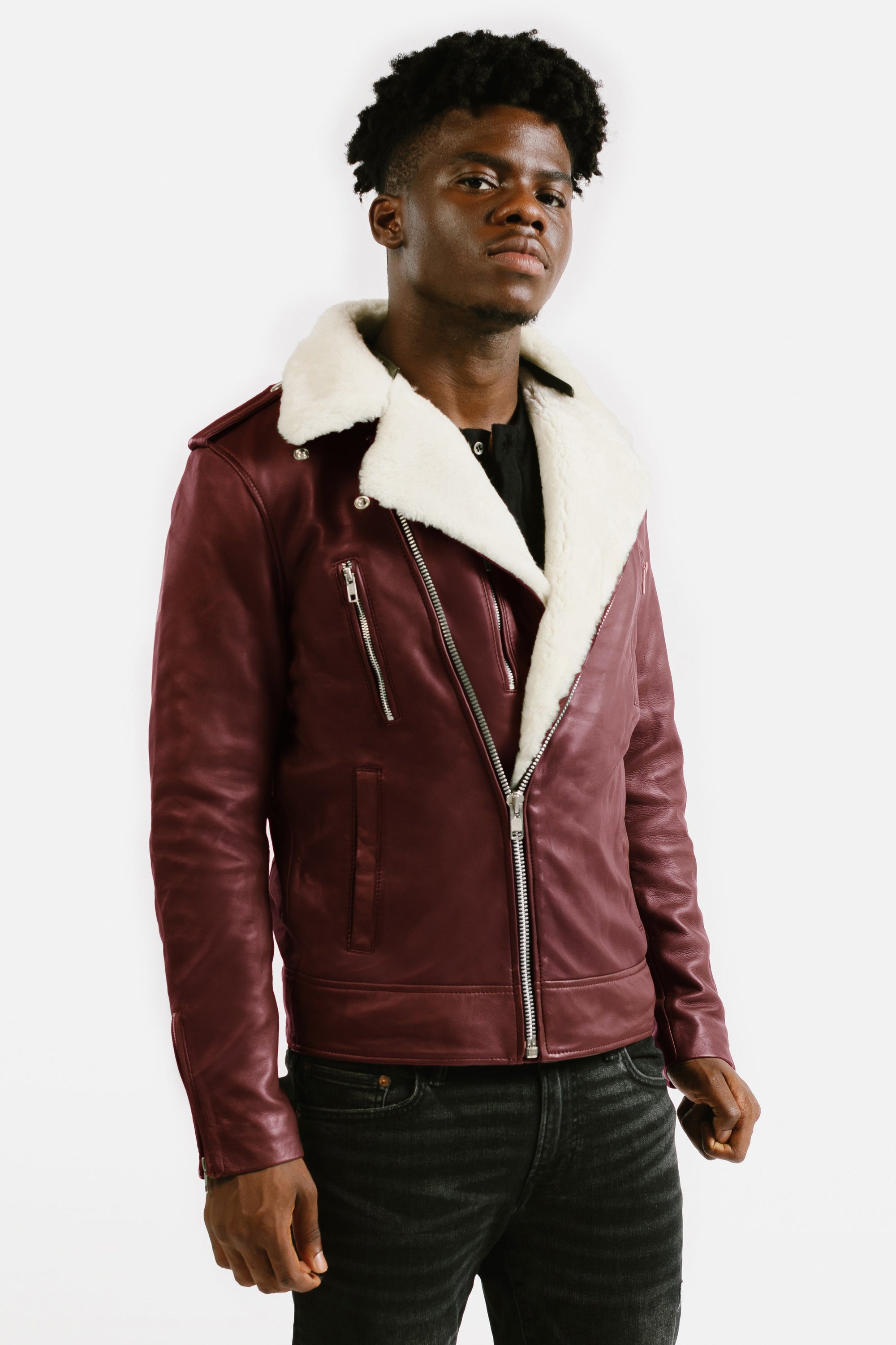 Non-Water Repellent Shearling Trim Leather Jacket | Prometheus
