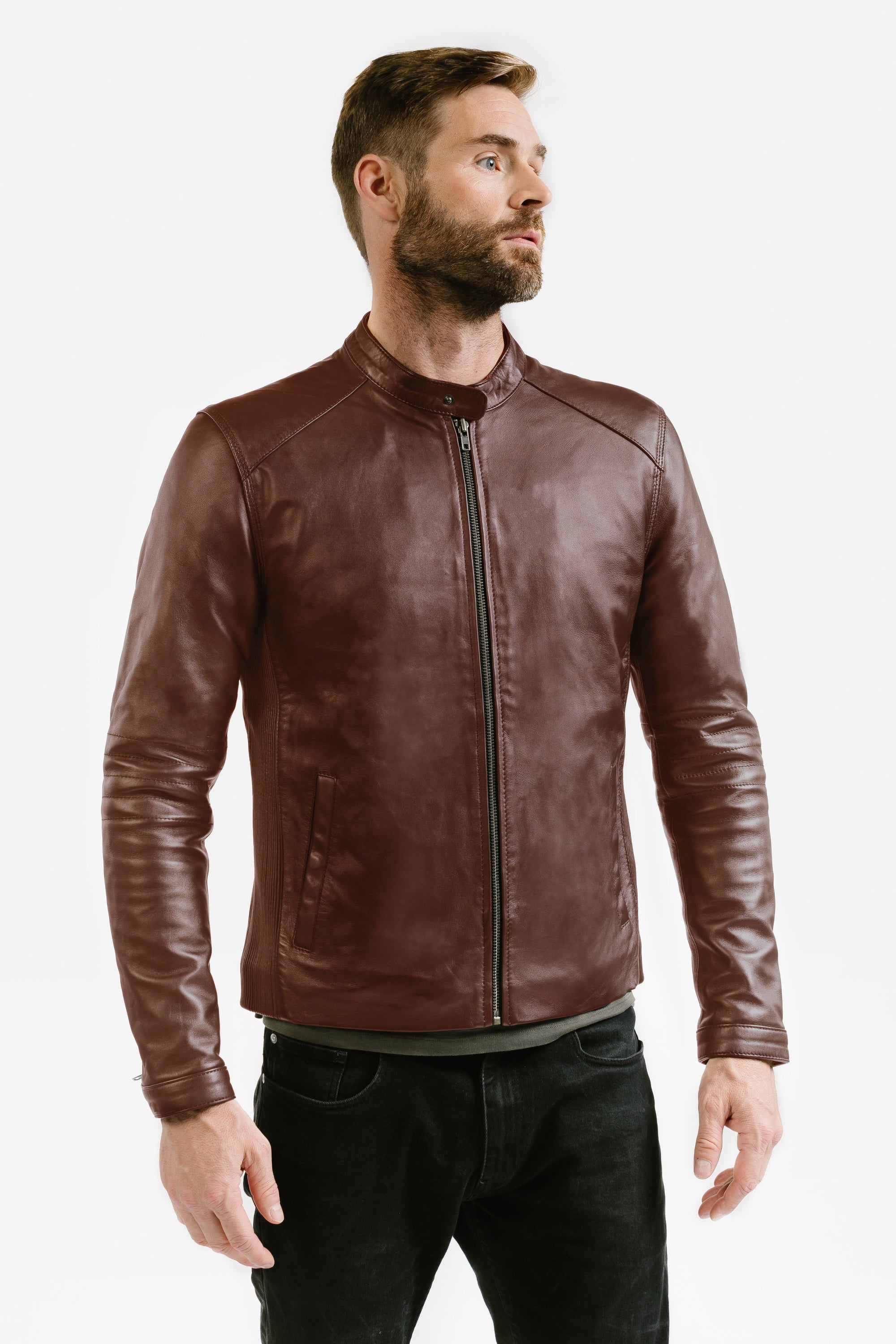 Non Water-Repellent Slim Racer Leather Jacket | Theseus