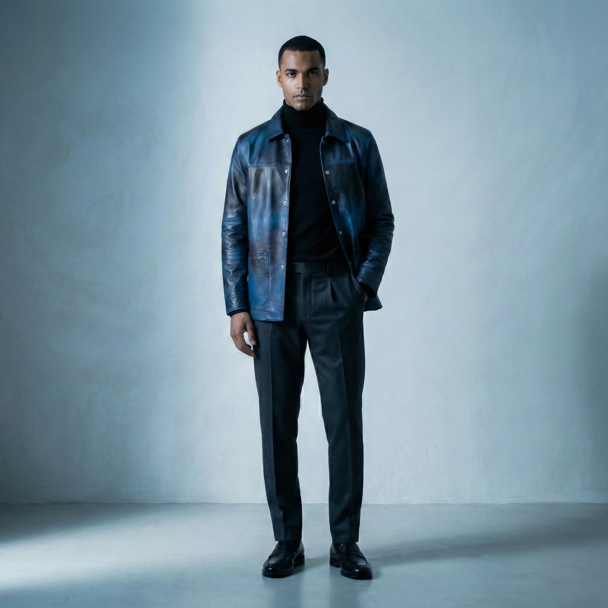 Male model full front shot, wearing our new Poseidon style, a two-tone black and blue chore jacket, fully buttoned up with silver snap buttons, wearing dark pants, dress shoes on a white background.