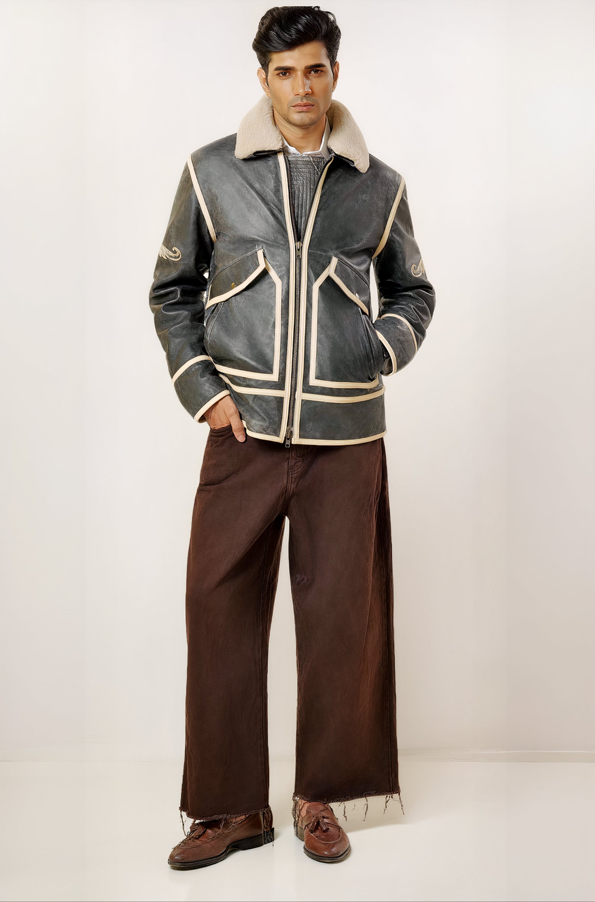 Male model full front shot, half zipped and one hand in pocket, wearing our new Icarus style, a vintage-looking weathering grey colour flight jacket showcasing embroidery detail, off-white leather strips,a white shirt, brown pants, and dress loafers on a white background.
