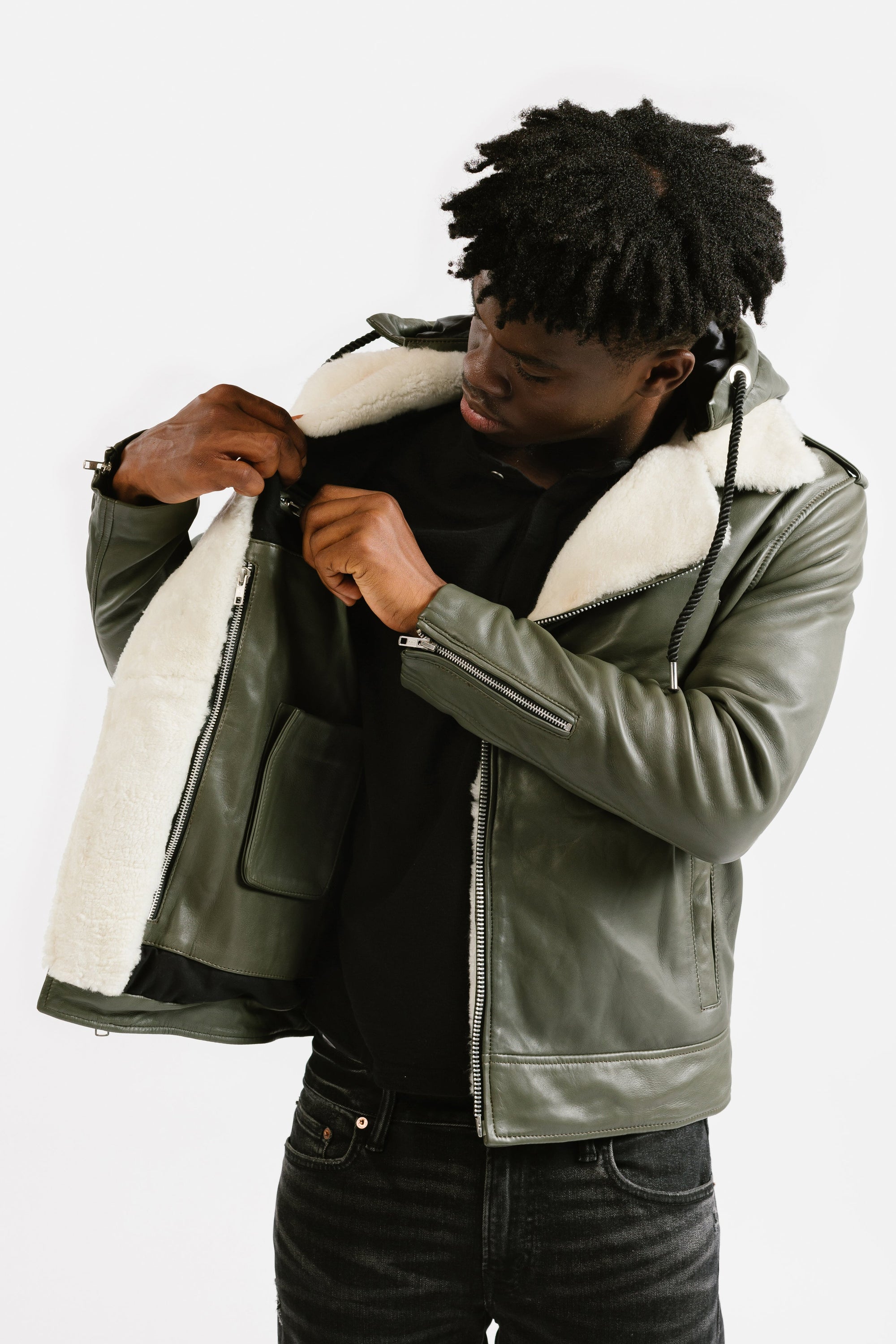 Non-Water Repellent Shearling Trim Leather Jacket | Prometheus