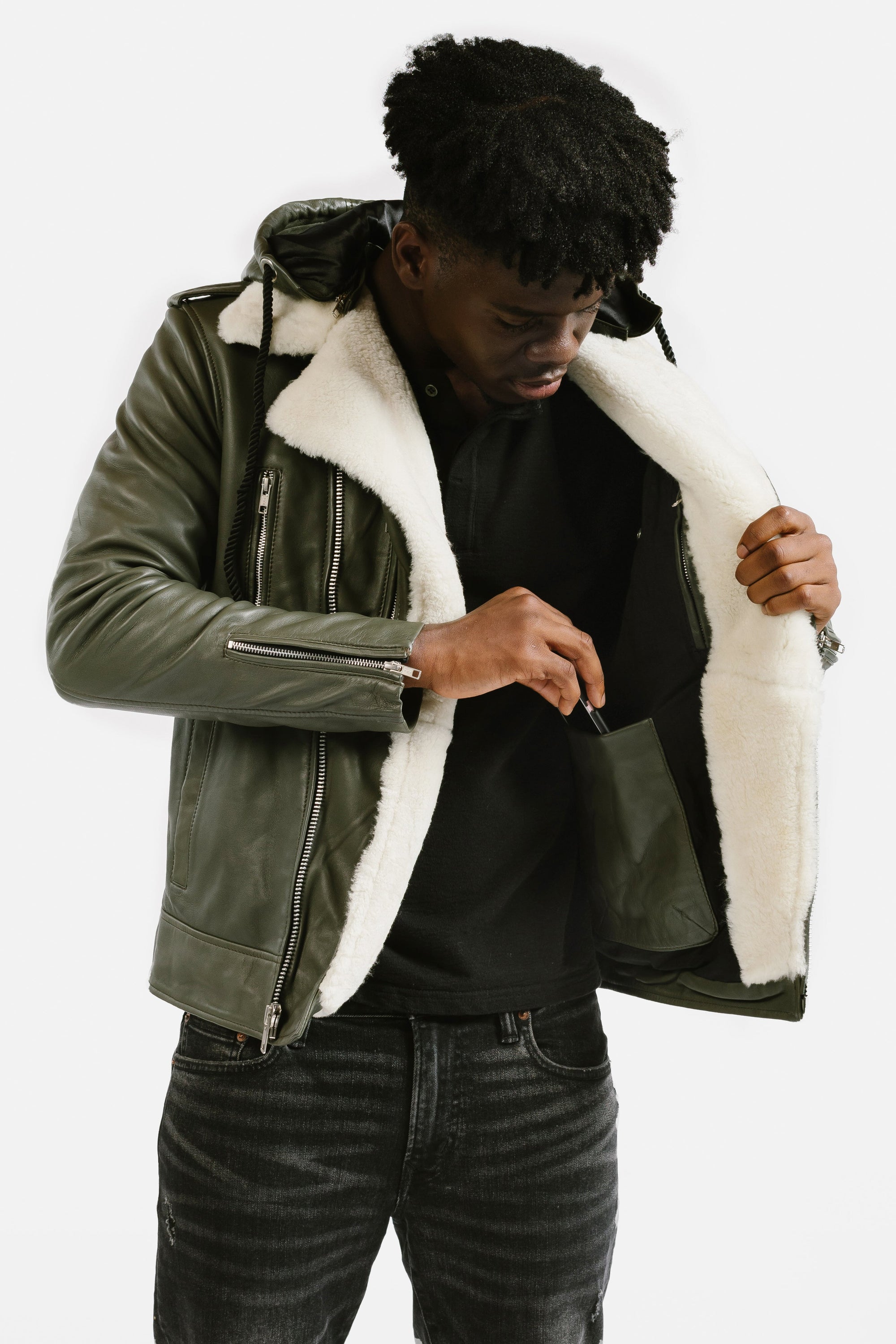 Non-Water Repellent Shearling Trim Leather Jacket | Prometheus