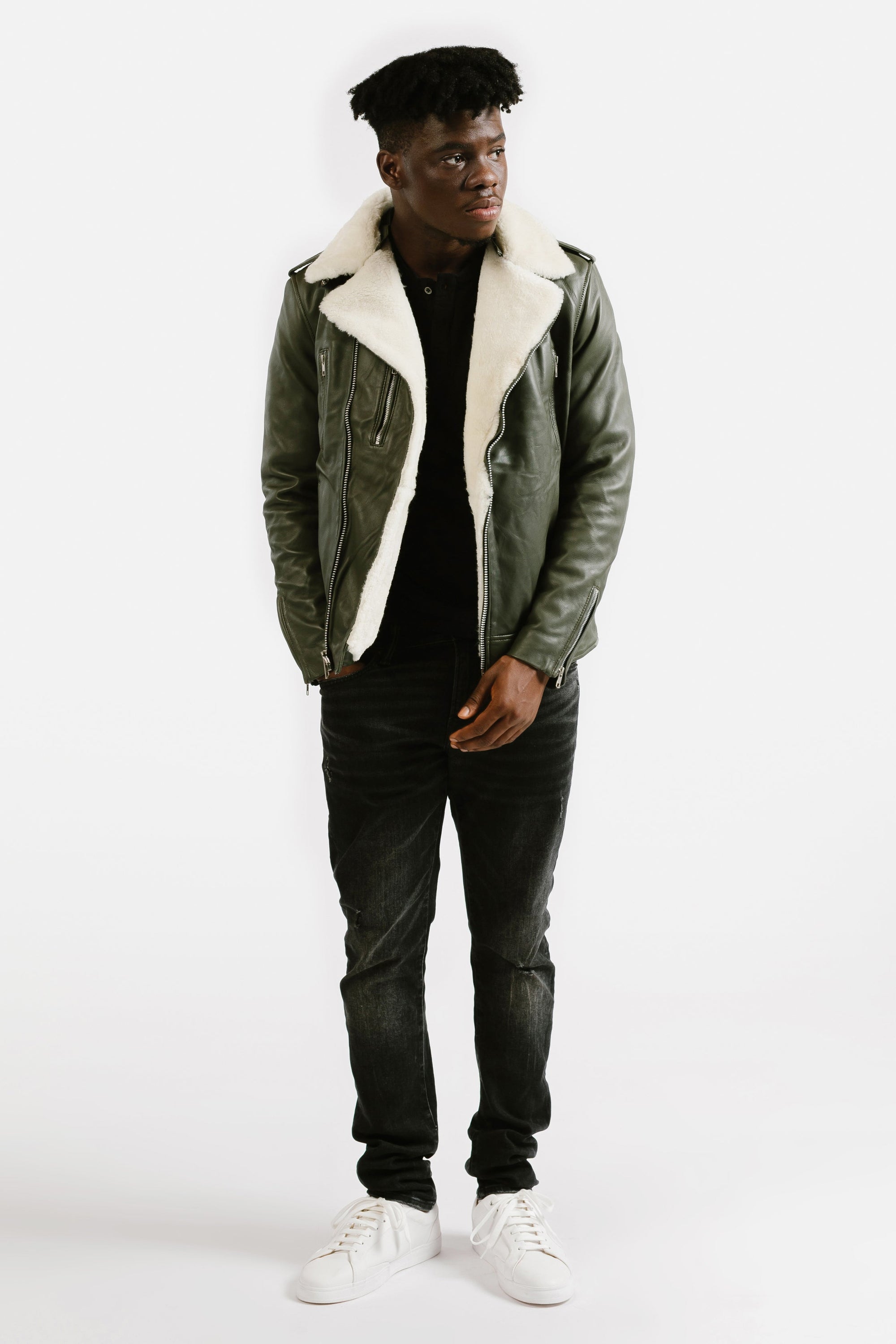 Non-Water Repellent Shearling Trim Leather Jacket | Prometheus