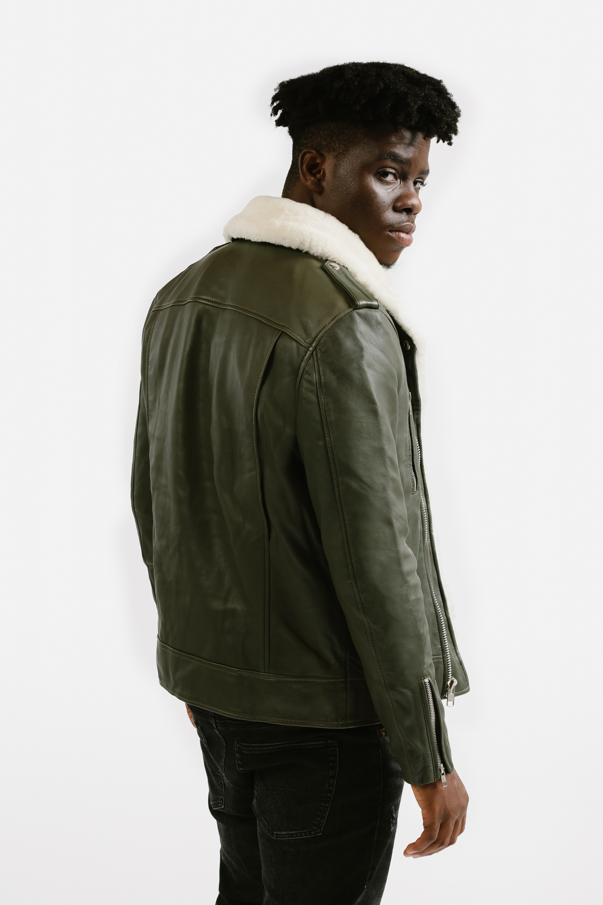 Non-Water Repellent Shearling Trim Leather Jacket | Prometheus