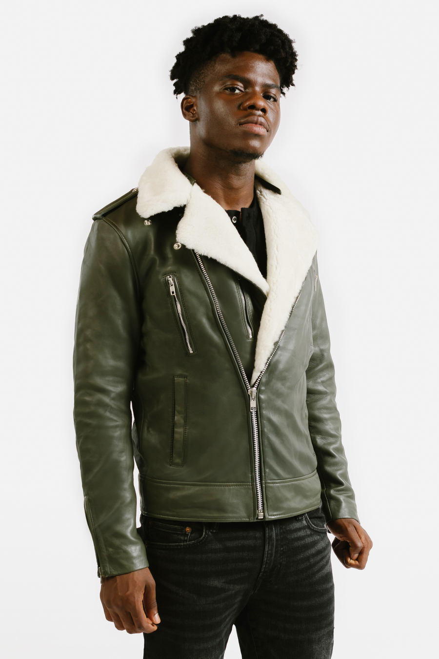 Non-Water Repellent Shearling Trim Leather Jacket | Prometheus
